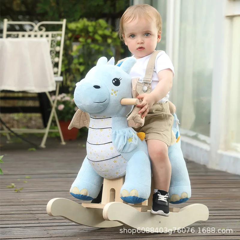 Huanyu blue winged horned dragon rocking horse children rocking chair solid wood toys for boys and girls rocking birthday gift.