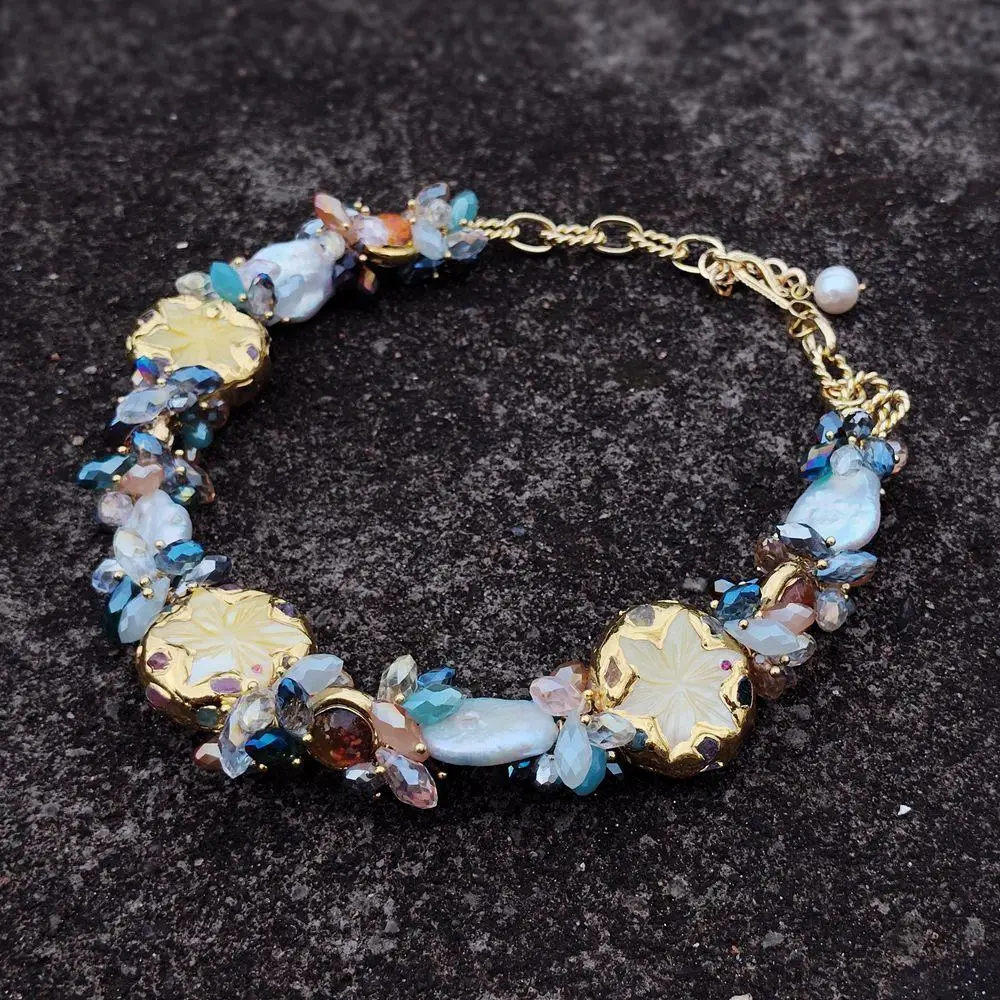 yygem  18x22mm Freshwater White Keshi Pearl 30mm Yellow Shell Flower Murano Glass Multi Color Crystal Statement Necklace - view 4