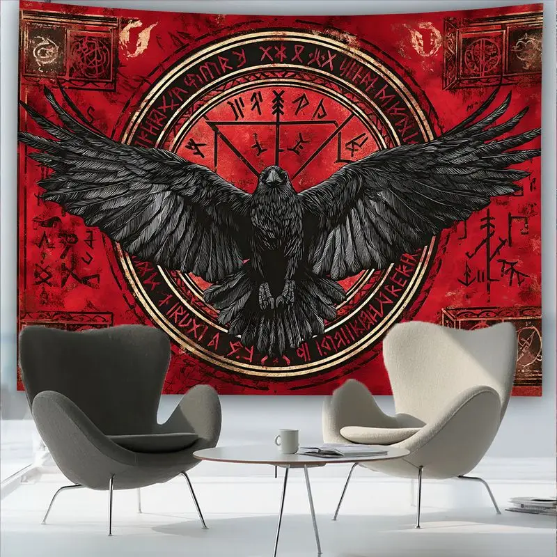 VIKAMA Viking Raven Tapestry Red Vintage Norse Rune Pentagram Wall Hanging Gothic Dark Style Bedroom Decor