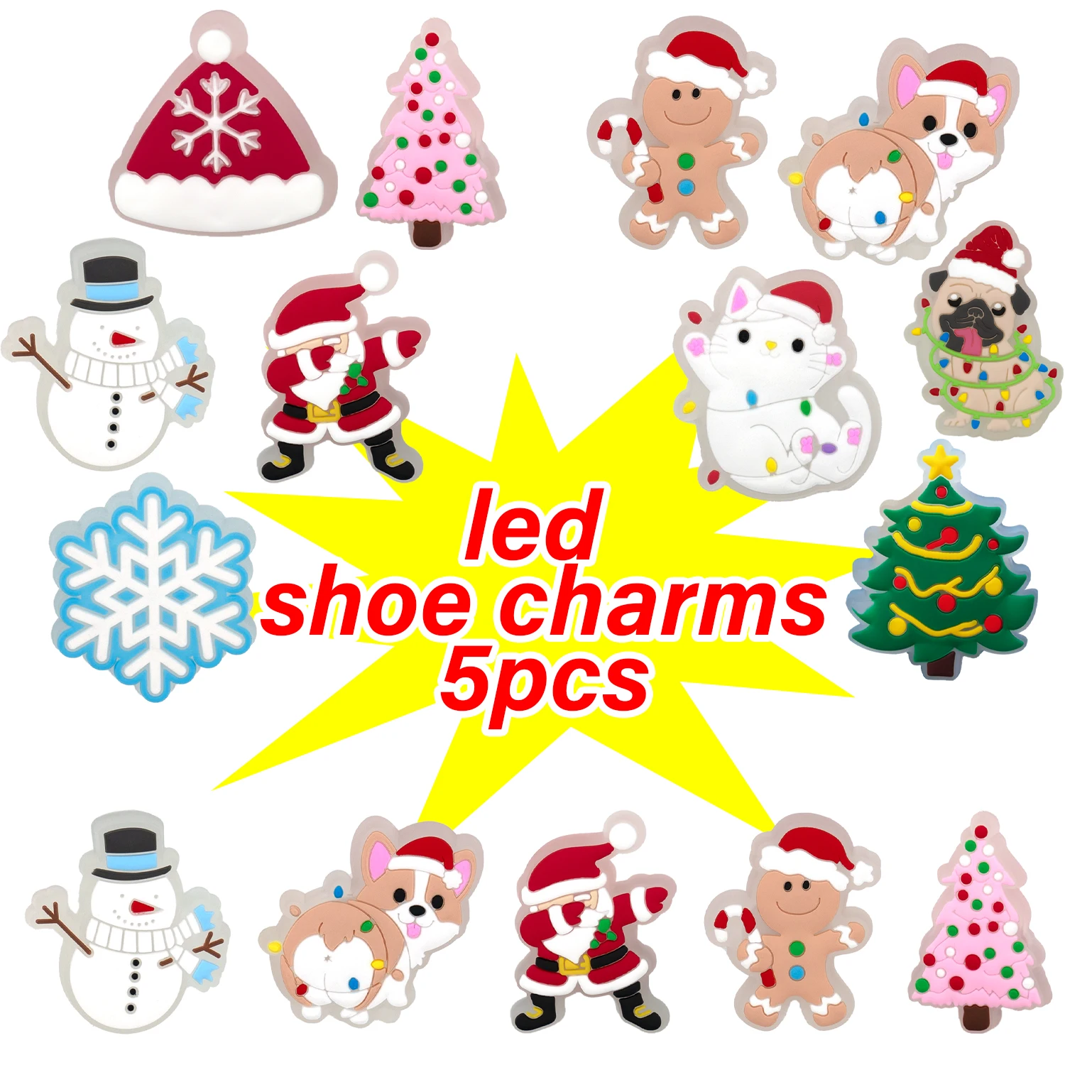 1/5pcs LED Christmas Shoe Accessories Charms Santa Claus Snowman Snowflake Luminous Shoe Decoration for Sandals Pin Clogs Jeans