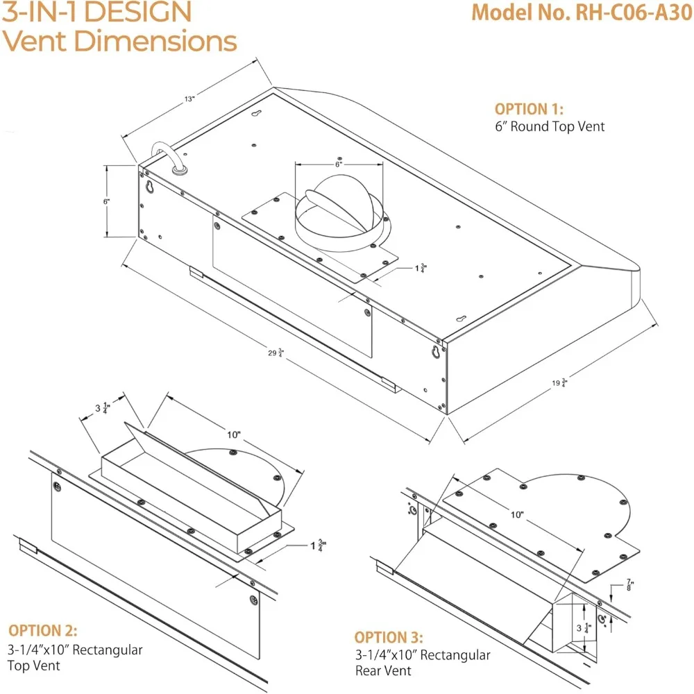 RH-C06-A30 klassische 6 "hohe 1mm dicke Edelstahl unter Schrank 4 Geschwindigkeiten 900 cfm Dunstabzugshaube