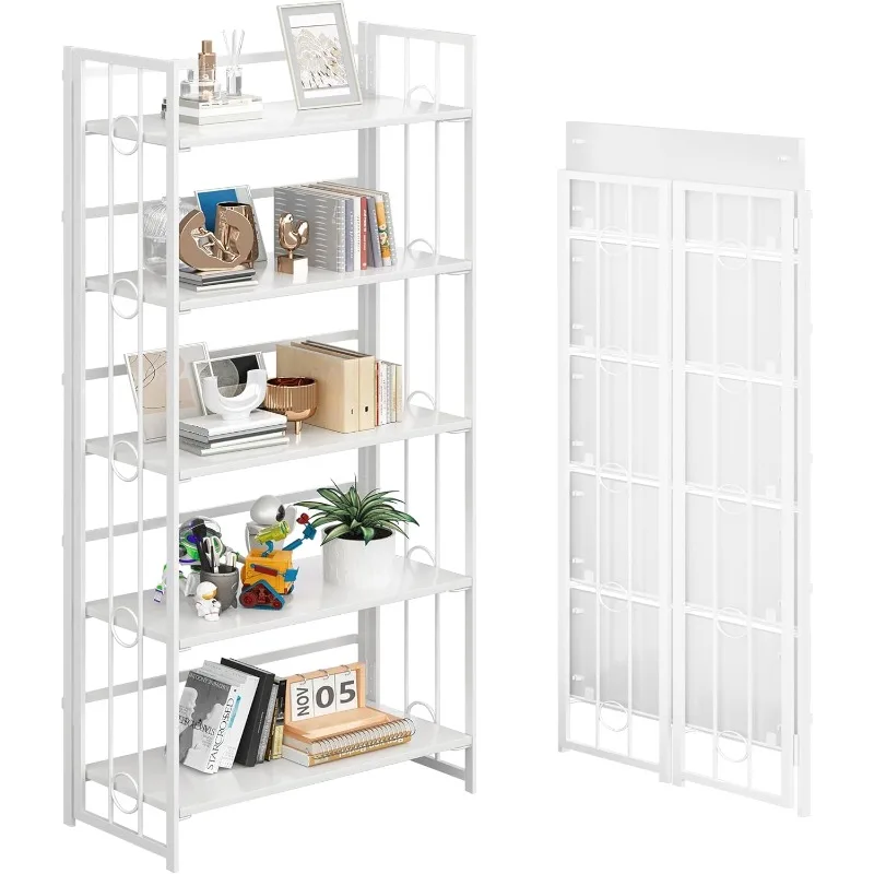 

4NM без сборки, 5-ярусная складная книжная полка, полки для хранения, винтажный книжный шкаф, стоячие стеллажи, органайзер для учебы, домашний офис - все белые