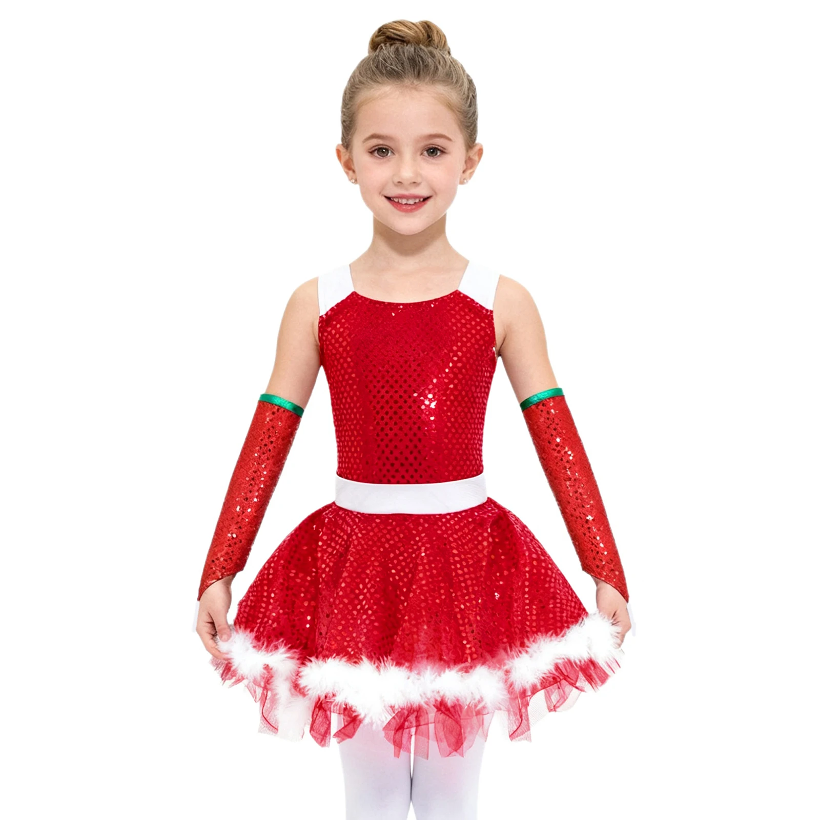 الفتيات عيد الميلاد قزم ثلج زي عطلة السنة الجديدة حفلة لامعة الترتر الباليه الرقص الشكل التزلج فستان ثياب بأكمام #3