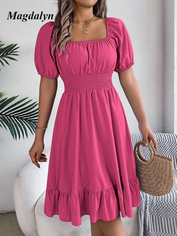 Magdalyn Women Vintage Short Sleeve Ruffle Dresses Soild Fashion Summer Hight Waist Beach Dress Casual Basic A Line Midi Dresses