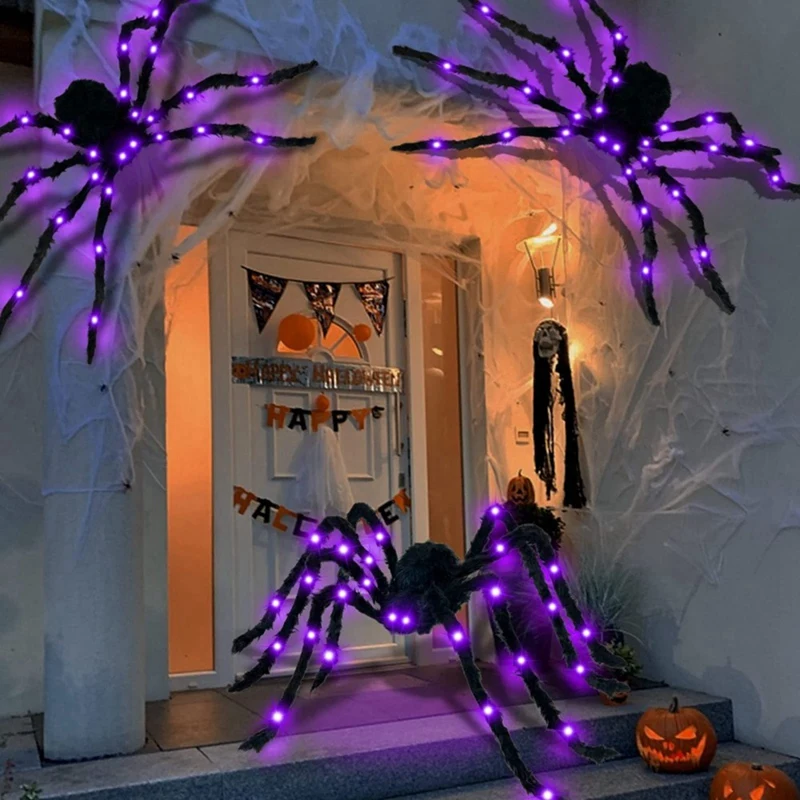 Halloween Spiders 8 Function Waterproof LED Black Spider Purple Light Big Spider for Indoor Outdoor Garden Party Decoration