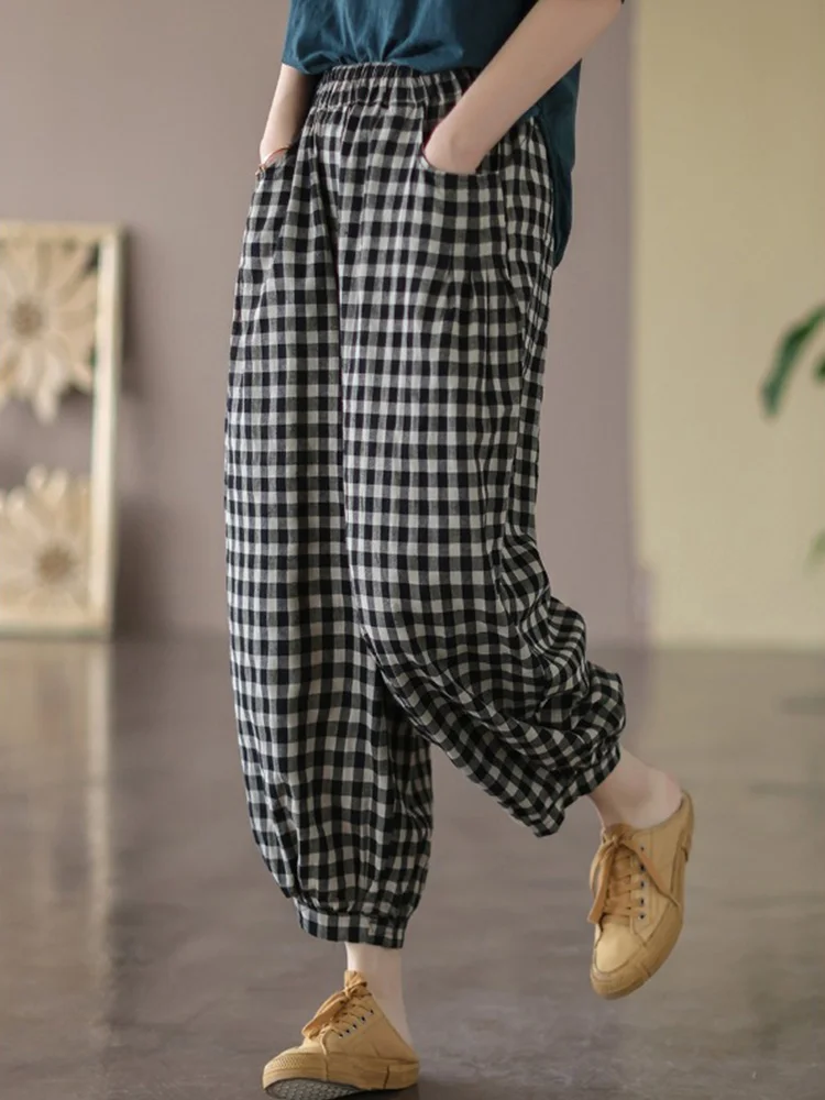 ارتفاع الخصر المرأة الكتان تسعة عشرات فانوس السراويل عارضة الرجعية منقوشة القطن الكتان هارلان السراويل تخفيف Sle الصيف جمع #4