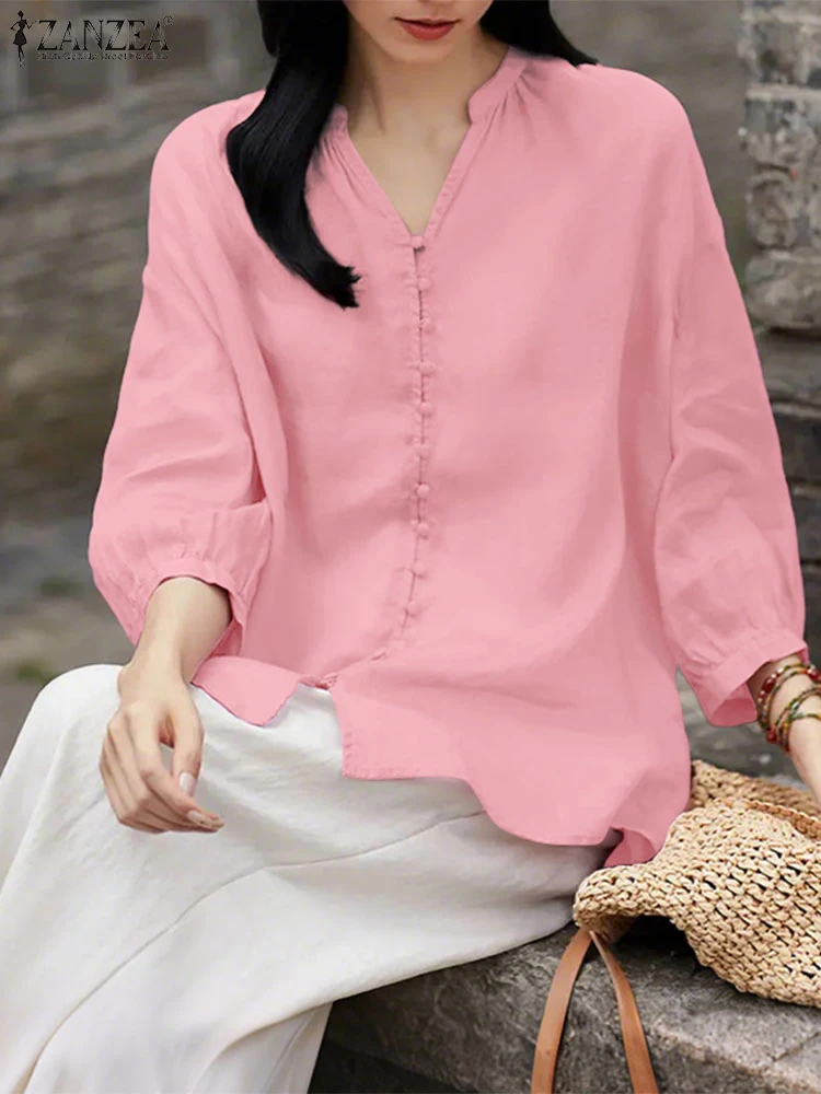 ZANZEA 2025 Casual Shirts Women Vintage 3/4 Sleeve Blusas Casual Loose Bottons Tunic Autumn V Neck Solid Color Tops Oversized