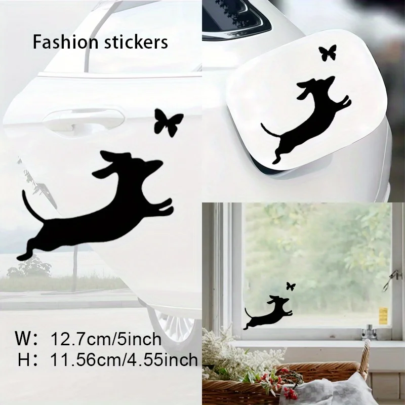1pc Dachshund Car Decal, Dachshund Chasing Butterfly Pattern Sticker, Vinyl Car Sticker, Suitable for Cars, Motorcycles, Trucks