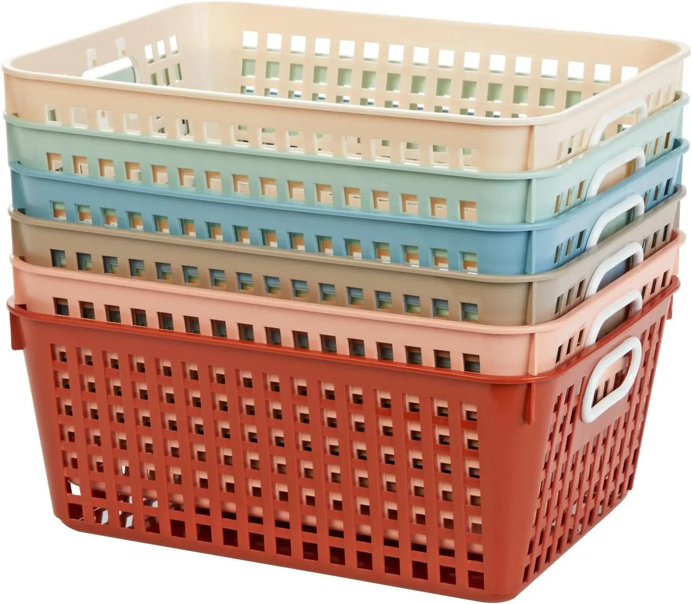 666014 Plastic Storage Baskets for Classroom or Home Use – Stackable Mesh Plastic Baskets with Grip Handles