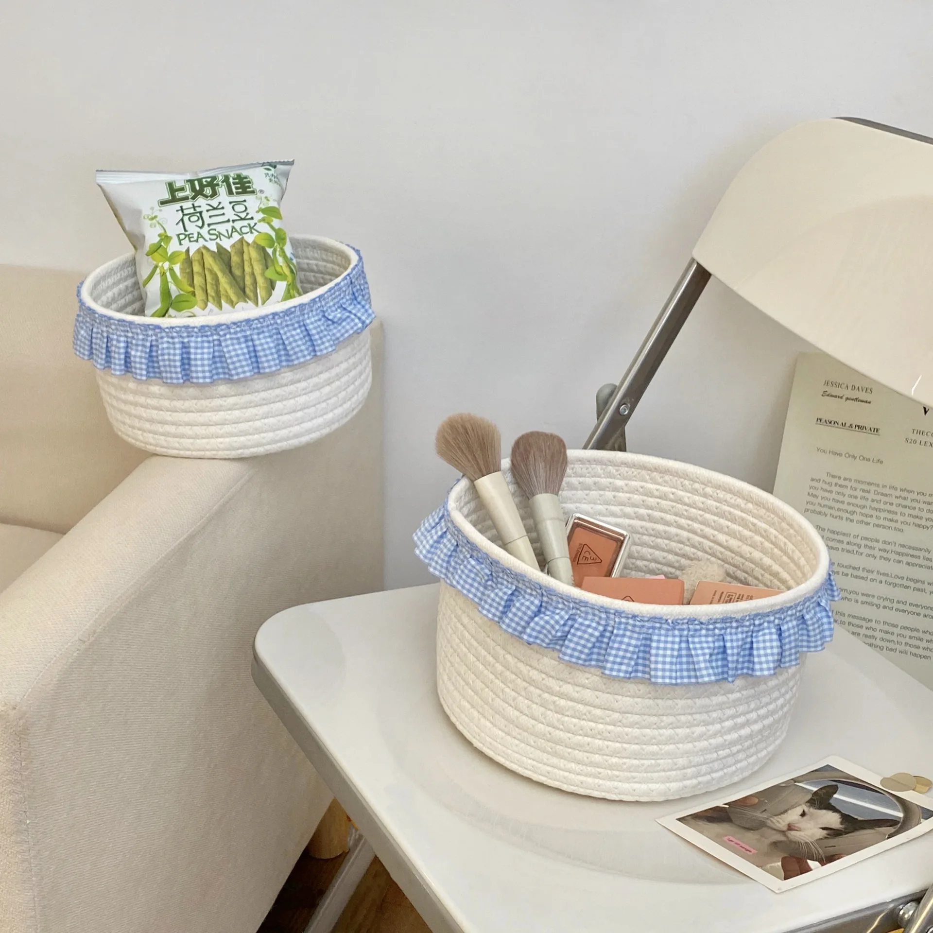 Blue Lace Cotton Thread Basket Hand-woven Desktop Cosmetics and Jewelry Miscellaneous Storage Basket High-value Storage Basket