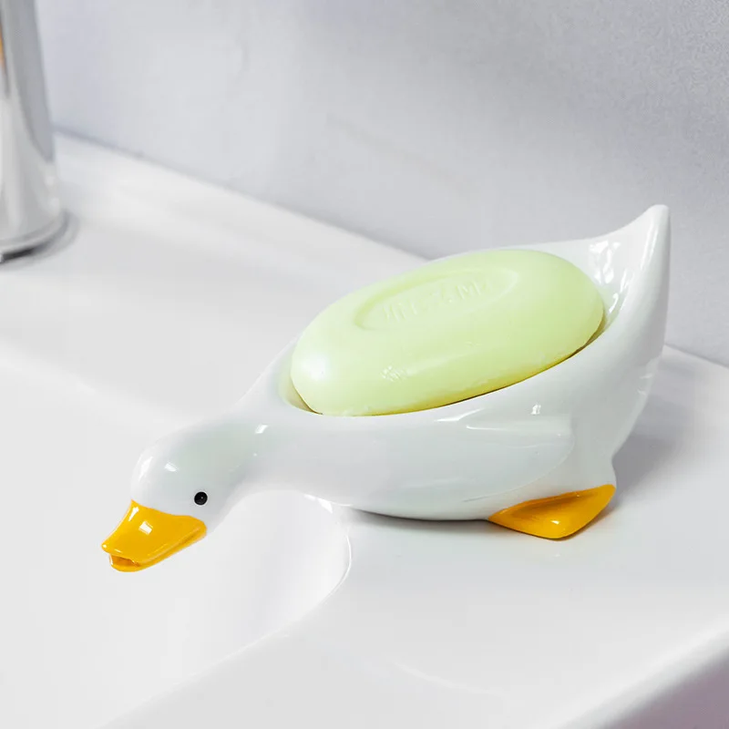 

Duck Shape Soap Box Creative Ceramic Drain Soap Dish Bathroom Soap Storage Holder Household Shower Container Sponges Drainer Dry