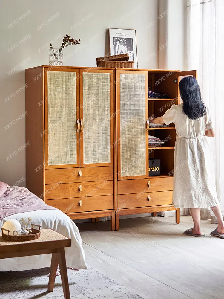 

Retro Solid Wood Wardrobe Modern Simple Storage Locker Ash Rattan