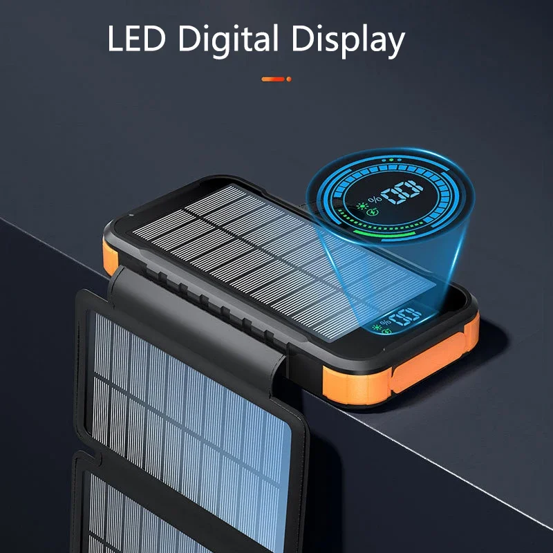 For IPhone 14 13 Samsung Xiaomi Poverbank with Cable LED Light Foldable Solar Power Bank 20000mAh Portable External Battery Pack