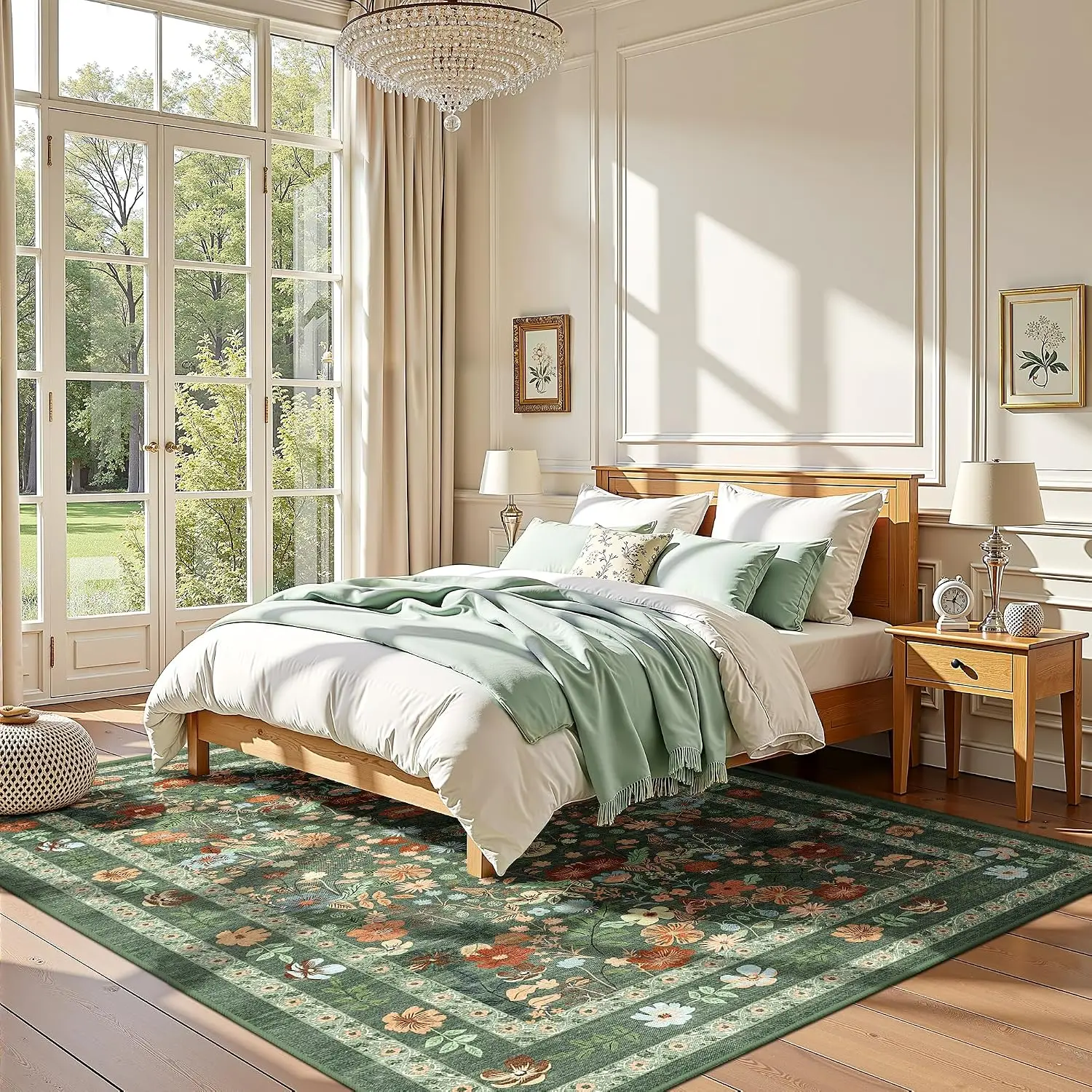Deerly Green Floral Area Rug 5x7 Vintage Boho Washable Non-Slip Living Room Carpet Soft Low Pile Thin Bedroom Floor Mat Indoor H