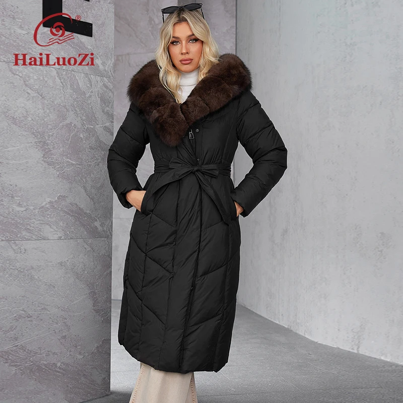 HaiLuoZi 2024 New Women\'s Cotton Clothes Warm Hooded Fur Long Women Parkas Elegant Large Pocket Belt Quilted Women\'s Coat 625