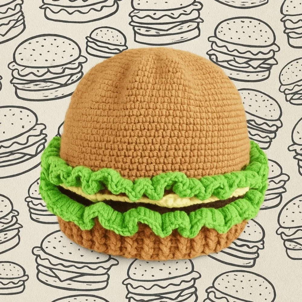 

Windproof Creative Knitted Hamburger Hat Playful Thick Hamburger Pullover Cap Handmade Soft Funny Hamburger Beanie Cycling