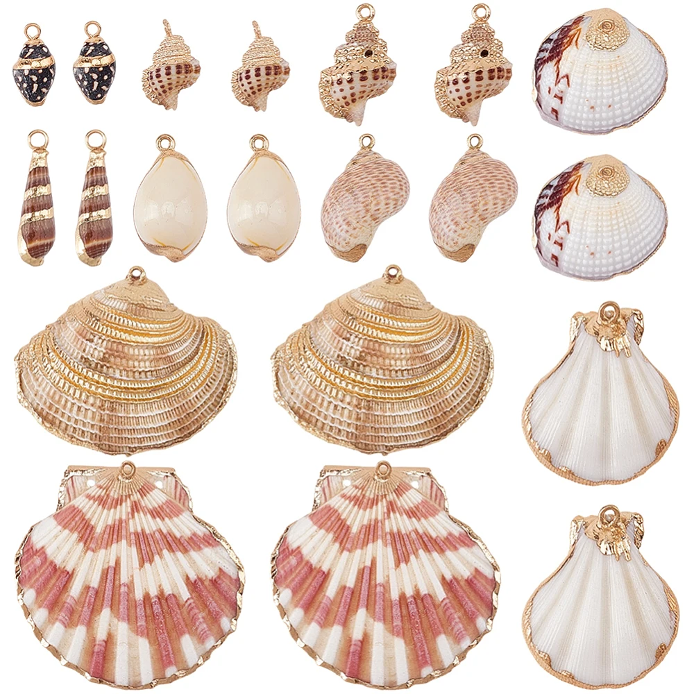 1 Box 20Pcs 10 Styles Shell Charm Seashell Charms Sea Summer Hawaii Ocean Cowrie Conch Gold Electroplated Shells Pendants