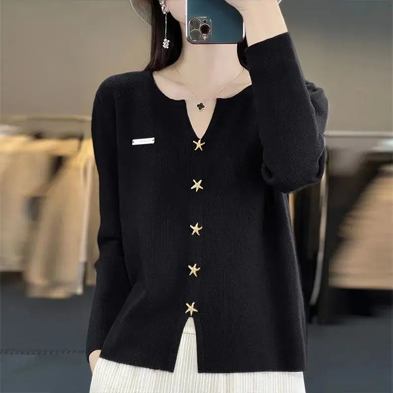 Autumn Winter Solid Color Pullover Button Long Sleeve Rivet Sweater Knitted Women's Clothing Screw Thread Casual V-Neck Tops