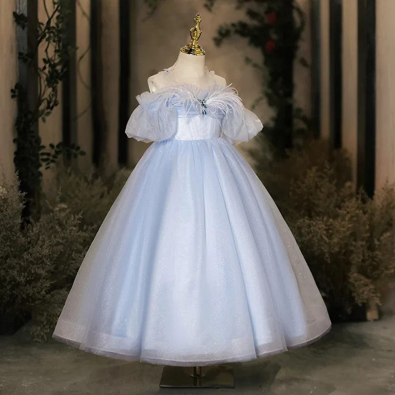 2024 Luxury Shoulder Puff Sleeve Dress Performance Princess Dresses Tulle Teenager Clothing Backless Children for Wedding Gown