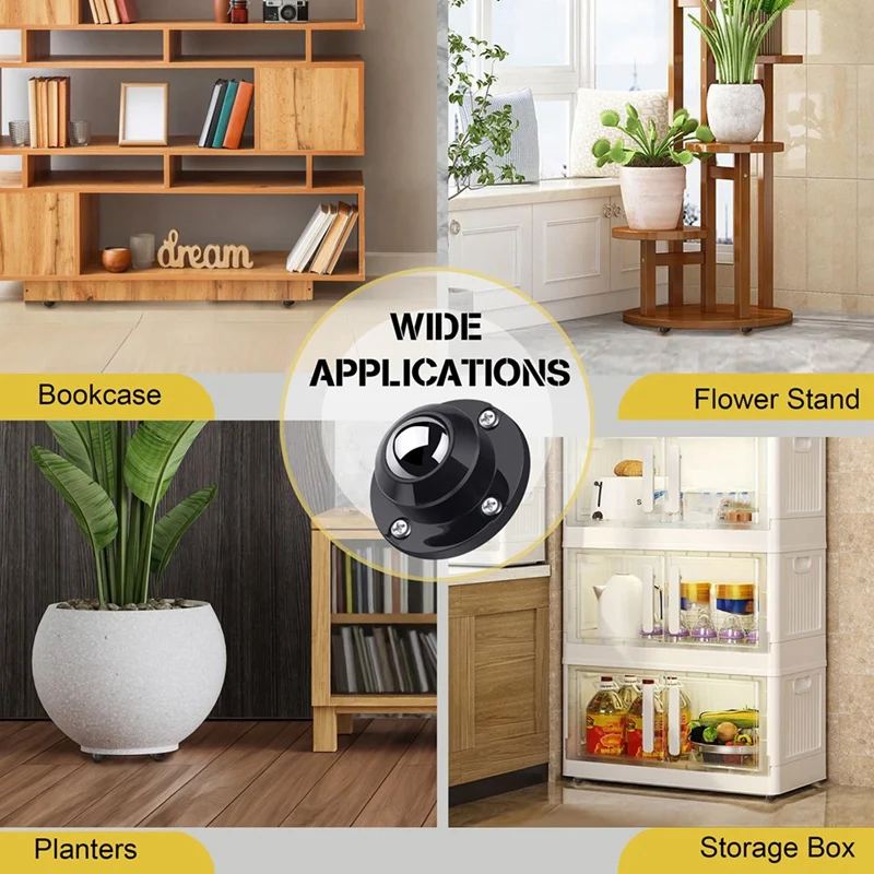 4 Piece 1 Inch Self Adhesive Caster Wheels For Furniture Black Plastic+Steel Ball For Small Appliance Storage Bins