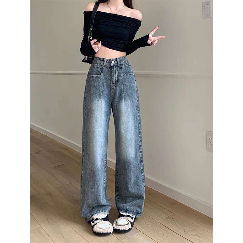 

WCFCX STUDIO Women's Vintage Wide Leg Jeans Fashion Baggy High Waist Straight Pants High Street Mopping Denim Trouser Autumn