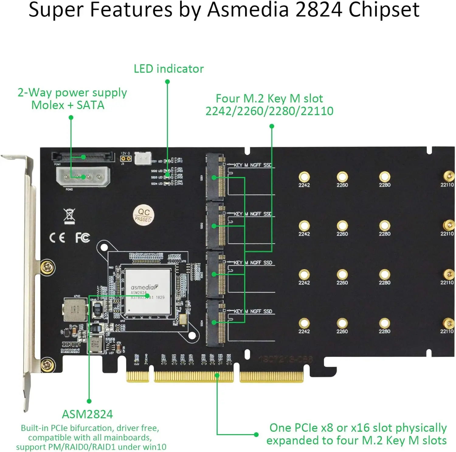 M.2 NVMe SSD PCIe 16x-8x Adapter, ASM2824 PCIe 3.0 Switch to M.2 Adapter Card with 4 Ports, Support for PCIe Bifurcation, RAID w