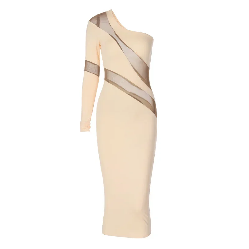 Een schouder mesh pure midi-jurk voor dames party club elegante jurken herfst mode-jurk