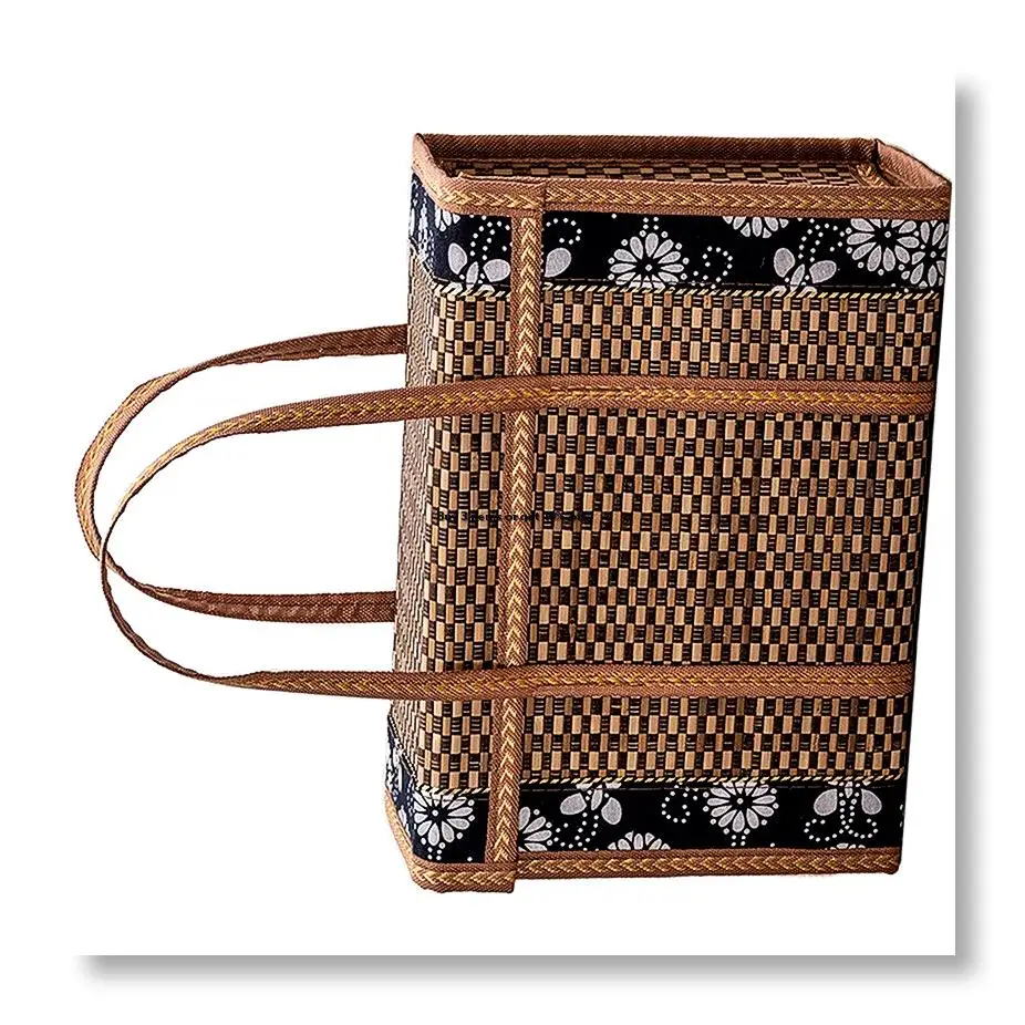 ●Picnic Woven Basket Wicker Storage Bag Handle Folded Fruit Shopping Food Handle Rattan Grass Foldable Bamboo Basket