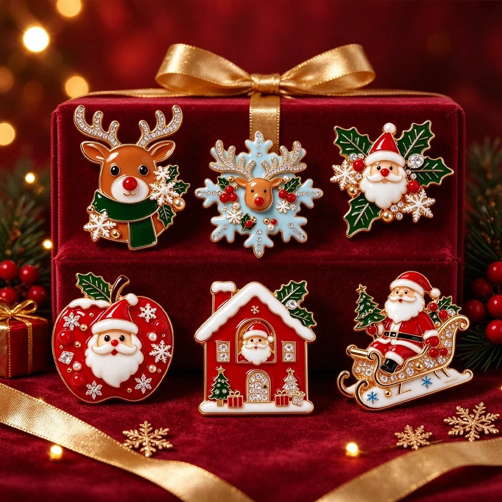 Christmas Enamel Rhinestone Brooch Santa Reindeer Snowman House Sleigh Lapel Pin Xmas Holly Apple Brooch Women Holiday Party