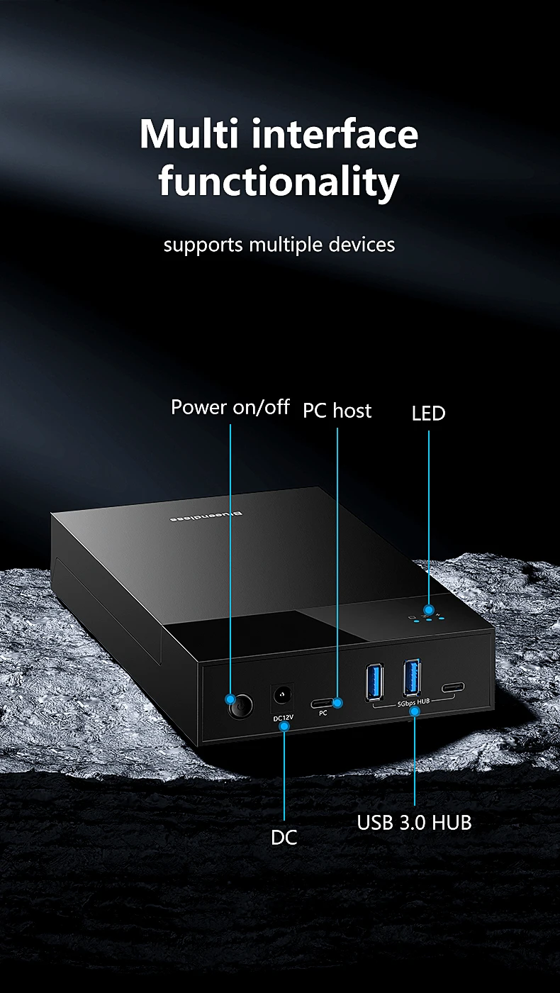 Blueendless 2,5/3,5 Zoll HDD/SSD-Gehäuse mit USB3.0-HUB, Unterstützt 18TB, Typ-C-zu-SATA-Adapter, Werkzeugfreies HDD-Gehäuse mit 12V-Stromadapter – Detail 4