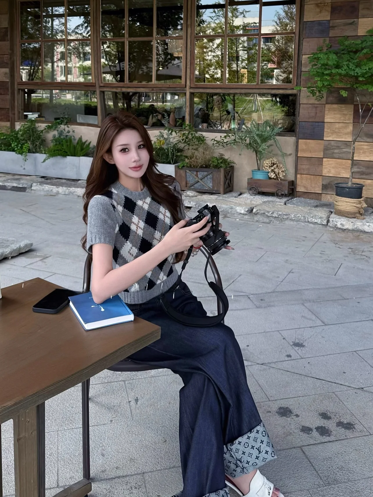 

Женская классическая трикотажная футболка с коротким рукавом в стиле преппи, облегающая, с ромбовидным узором, повседневная, из смесового хлопка и шерсти, летняя