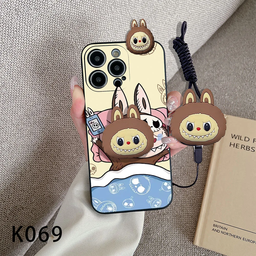 For iPhone 16 15 14 13 12 Pro Max 11 Cover For iPhone 16 Pro Max Phone Case Cartoon Cute Labubu Silicone Soft Cover With Lanyard