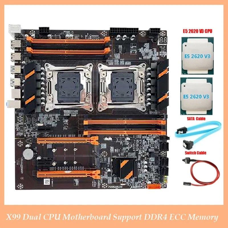 1 Set Computer Motherboard X99 Motherboard LGA2011 Support DDR4 ECC Memory Motherboard+2XE5 2620 V3 CPU+SATA Cable+Switch Cable