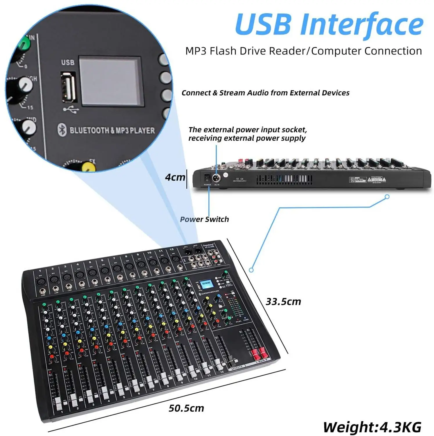 Professional Mixing Console With Effects Bluetooth 12 Channel Stage Performance KTV Wedding USB Reverb