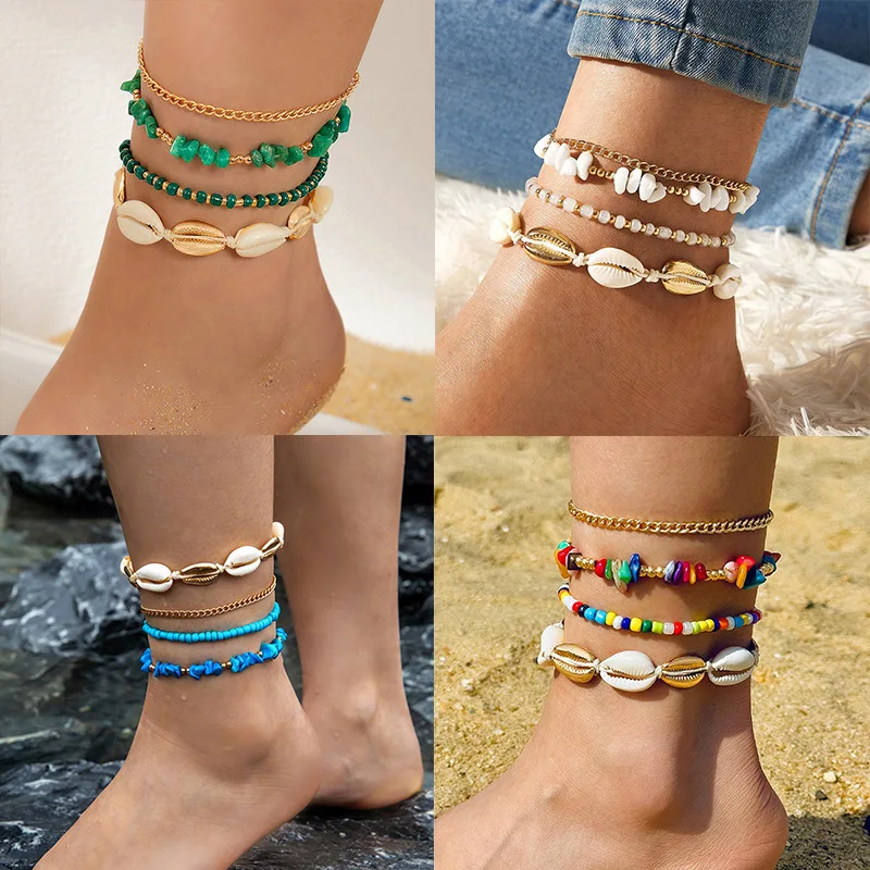 Shell jewelry, beach-style shell woven multi-layer anklet, conch and scallop anklet set