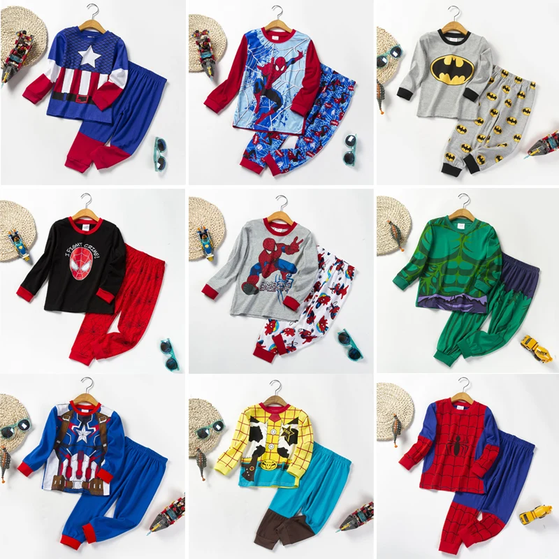 Marvel Cartoon Spiderman Children's Pajamas Sets Spring Autumn Girls Boys Homewear Anime Batman Hulk Long Sleeve Sleepwear