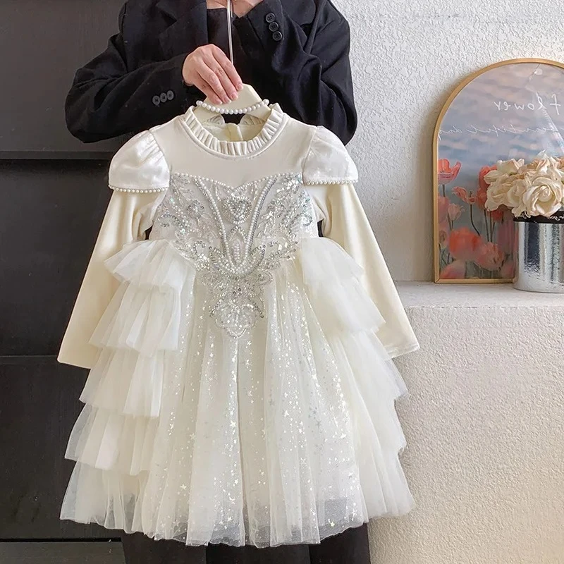 Girl Fleece Lined Puffy Princess Dress Girls'  New Luxury High-end Birthday Party Performance Flower
