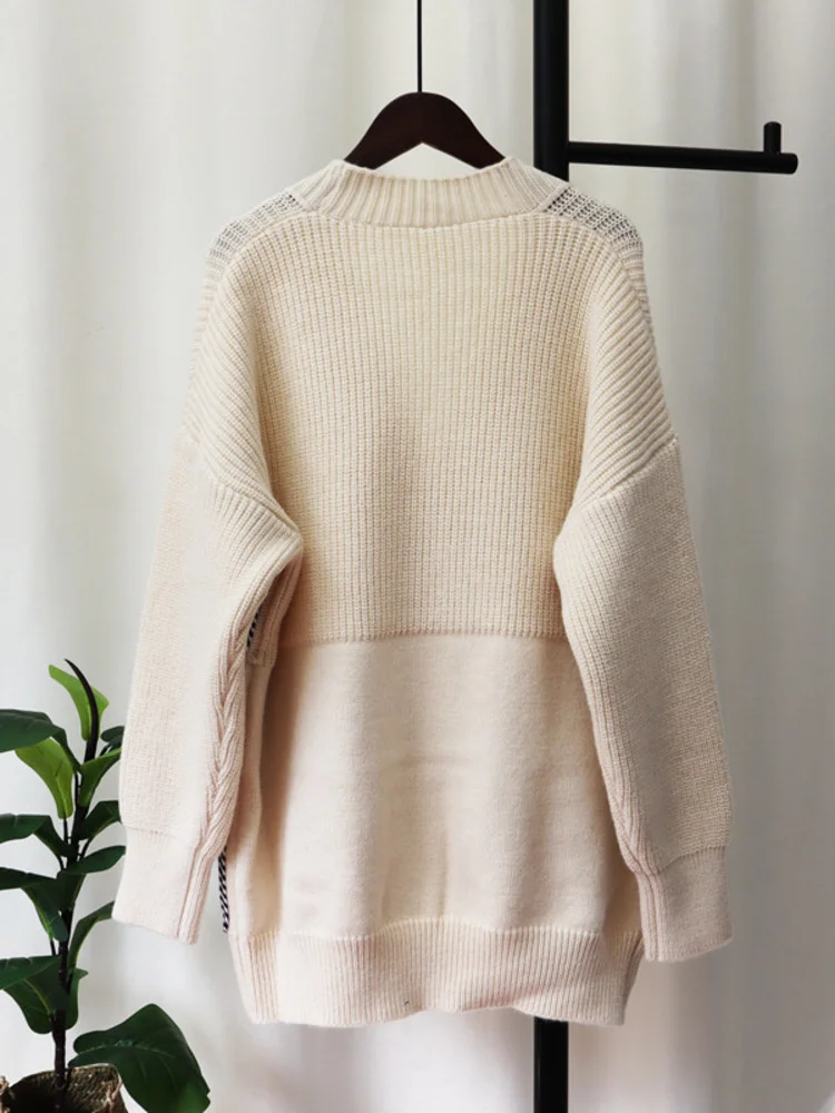 

V-neck Long Sleeve Loose Splice Denim Knitted Cardigan Women Autumn 2022 Design Contrast Color Sweater Coat Female H625