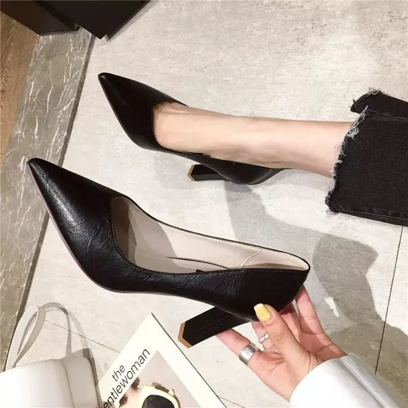 Ladies Summer Footwear Pointed Toe Shoes for Women 2024 Office Super High Heel Black Formal Square Heels Genuine Mark Beau Today