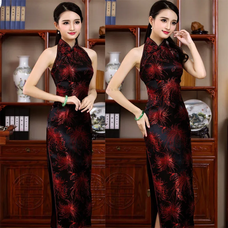 Lake Blue Cheongsam Sexy Backless Qipao Women Improved Chinese Style Dress Long Stage Performance Costume Silk Brocade Vestidos
