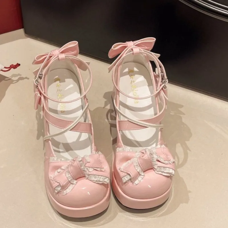 

Spring New Bow Princess Style One Slip Block Heel Single Shoes for Women Platform High Heels