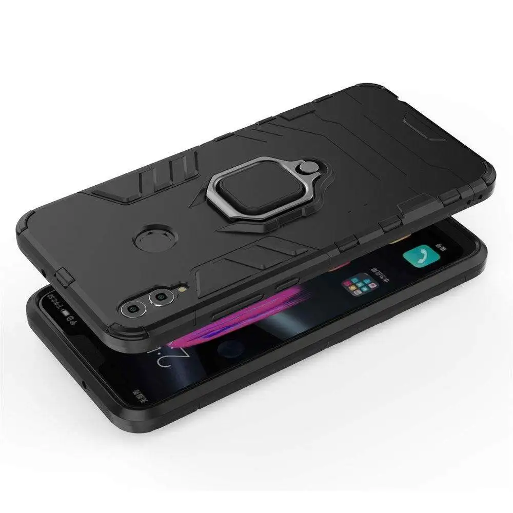 Caso de silicone à prova de choque para huawei honra 8x, pc duro e duro, armadura de luxo, com suporte do anel do metal