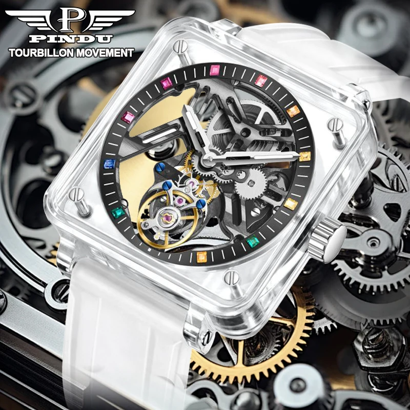 2025 NEW PINDU Design Hollow transparent Mechanical watch Men Tourbillon movement sapphire glass automatic mechanical watch Men