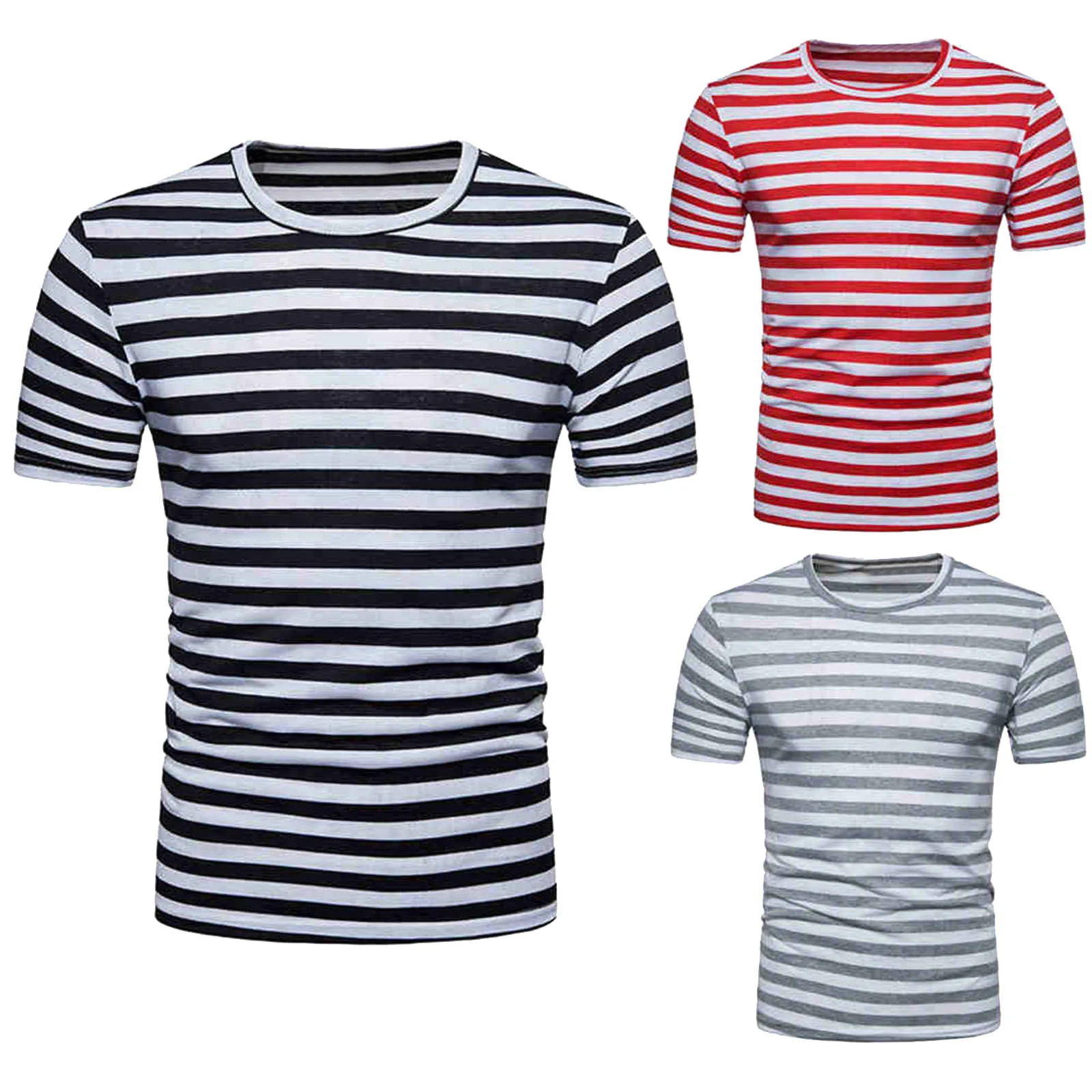 Summer Fashion Striped Printed Men\'s T Shirt Tops Loose Casual Round Neck Blouse Top Beach Holiday Home Short Sleeve Tops