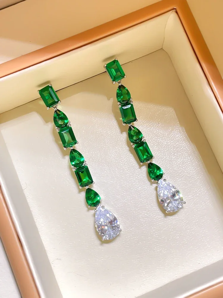 Fashion Retro Versatile Grandmother Green Water Drop 925 Sterling Silver Earrings Set with High Carbon Diamond Wedding Jewelry