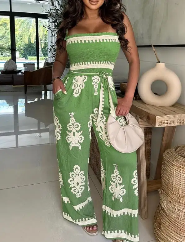 

Slim Fit Women's Jumpsuit Summer Bohemian Style Printed Square Neck Backless Lace Up High Waisted Jumpsuit Suitable for Vacation