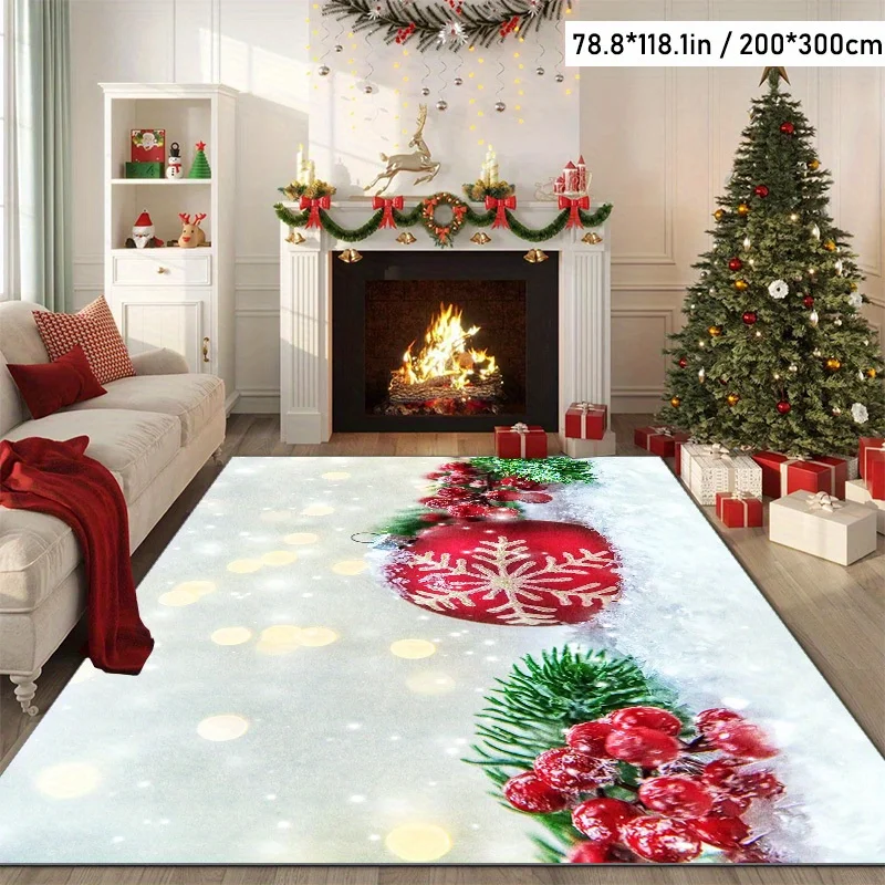 1pc Modern Christmas Balls & Pine Pattern Area Rug, Non-Slip Backing, Machine Washable Indoor Large Christmas Rug