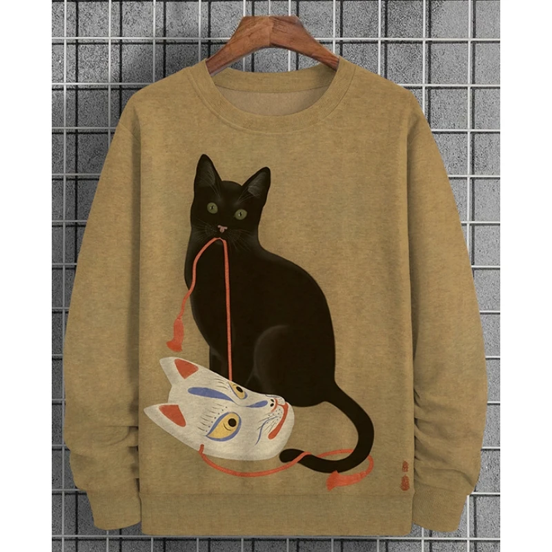 Print Cat Long Sleeve T-Shirt For Men Oversized Hoodies Pullover Autumn Men Women Round Neck Sweatshirt Fashion Unisex Clothing