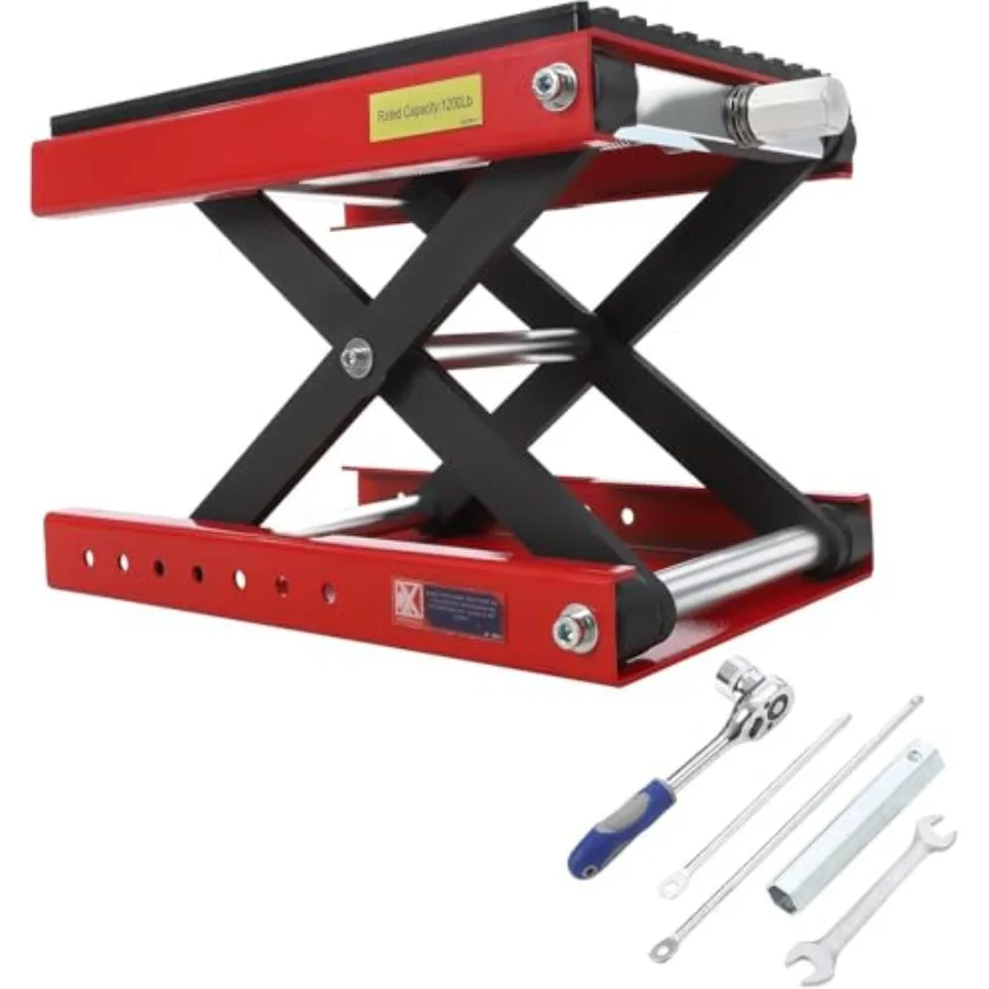 

Motorcycle Lift Jack 1200 LBS Scissor Stand with Wide Deck Safety Pin Thickened Rubber Pad for ATV Dirt Bike Street Bike Cruise