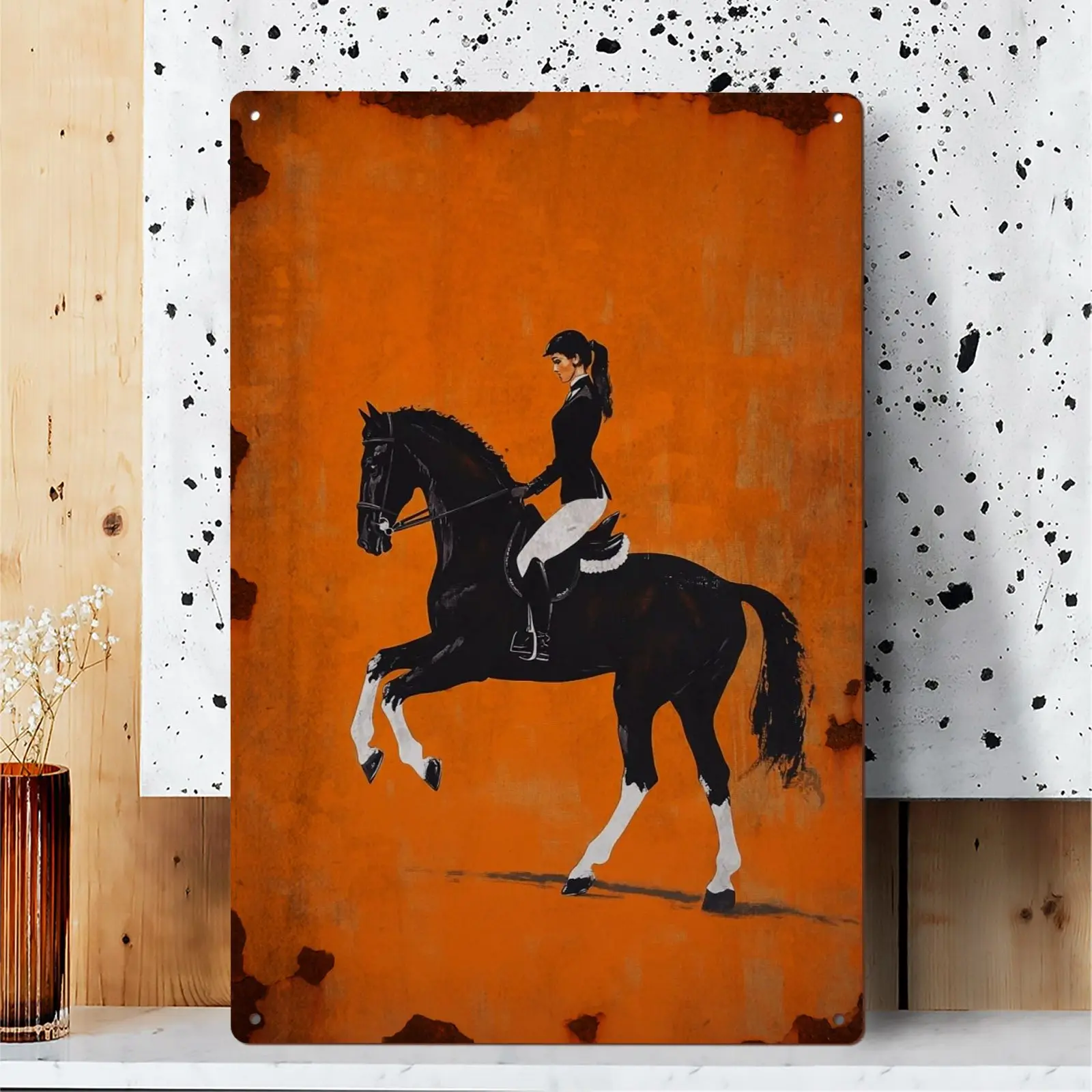 Cartel de chapa de Metal Vintage Black Dressage Horse & Rider, arte de pared ecuestre de 12x8 pulgadas con caballo de patas blancas, palomas y Ev, 1 ud.